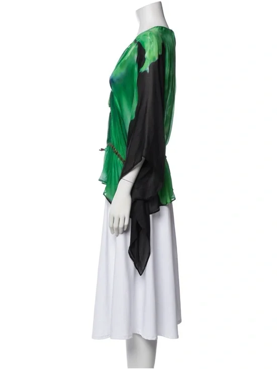 Roberto Cavalli Green Watercolor Green Silk Batwing Women’s Blouse Top Sz One Sz - Picture 11 of 16